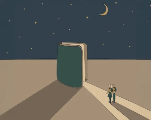 scene of an open book against a night sky