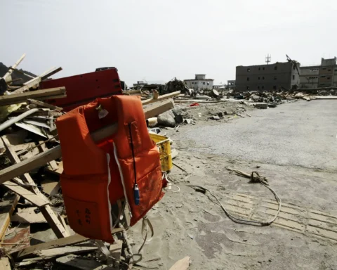 A view of debris and mud covering the tsunami-devastated city of Rikuzentakata, Japan, on March 20, 2011. On March 11, 2011, a magnitude 9.0 earthquake—the strongest in Japan’s recorded history and among the five most powerful ever worldwide—struck the region. Within an hour, coastal towns were flattened by a massive tsunami triggered by the quake. Waves up to four or five meters high swept through homes, towns, and fields, leaving widespread destruction in their wake.
